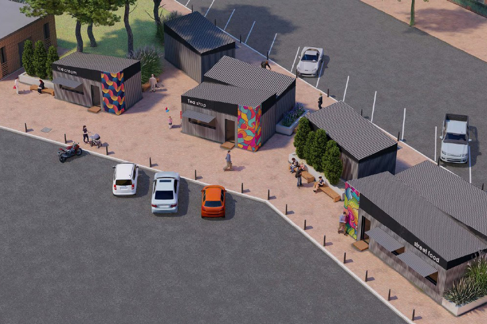 A rendered drawing of seven small shopping pods in a parking lot, designed for small entrepreneurs.