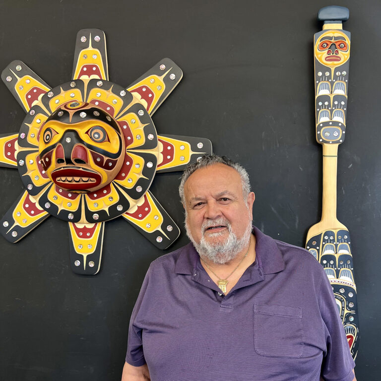 Wei Wai Kum master carver Bill Henderson, renowned for his mask and paddle carvings, is leading the Indigenous Archway carving for the entrance to Baikie Island/Raven Park, along with his nephews Greg and Junior. The Archway is the central focus of a new Community Placemaking investment with the Rotary Club of Campbell River, Island Coastal Economic Trust and 4VI.